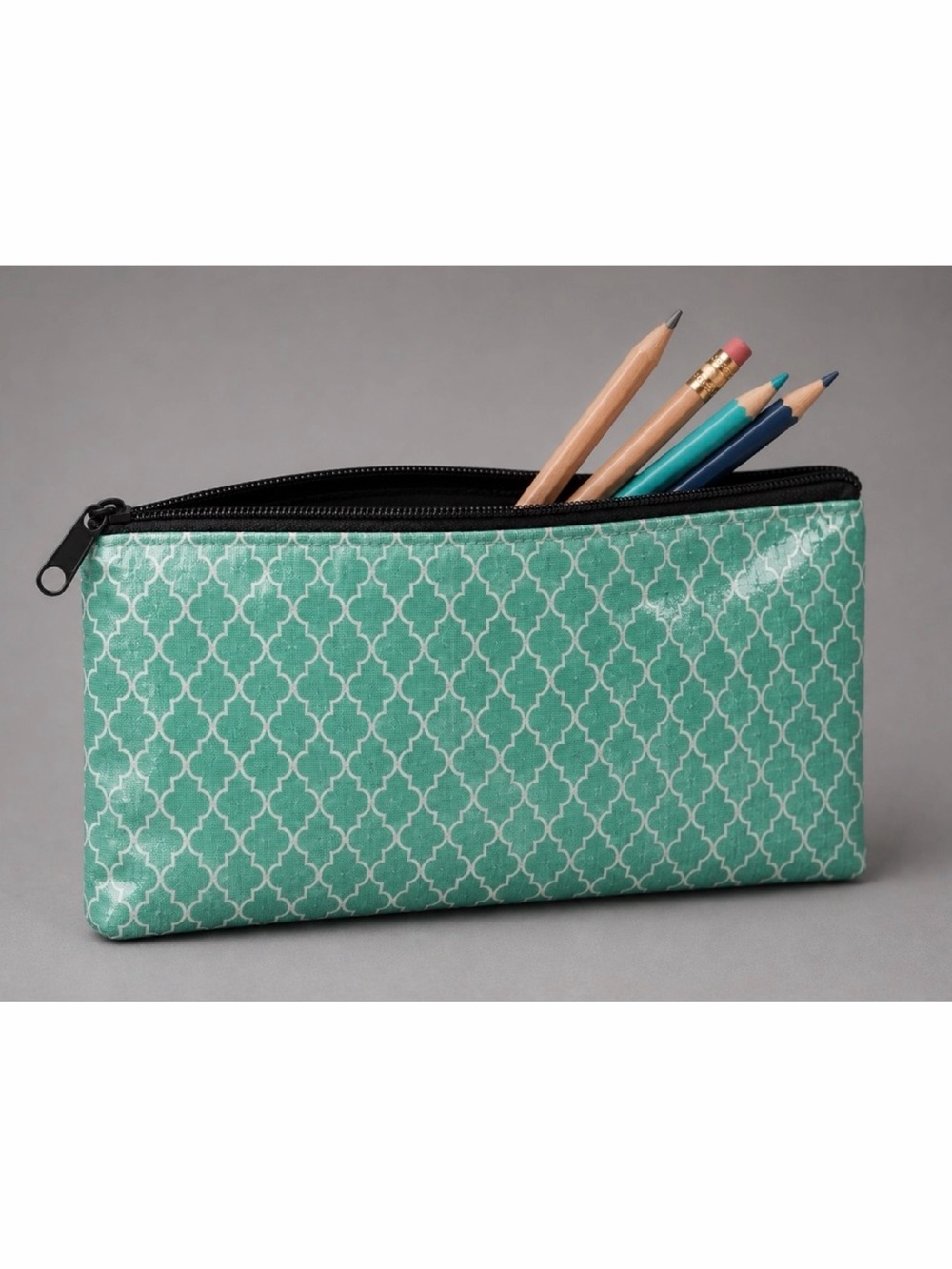 Teal/White Moroccan Quatrefoil Trellis Print Zipper Pencil Pouch, OS